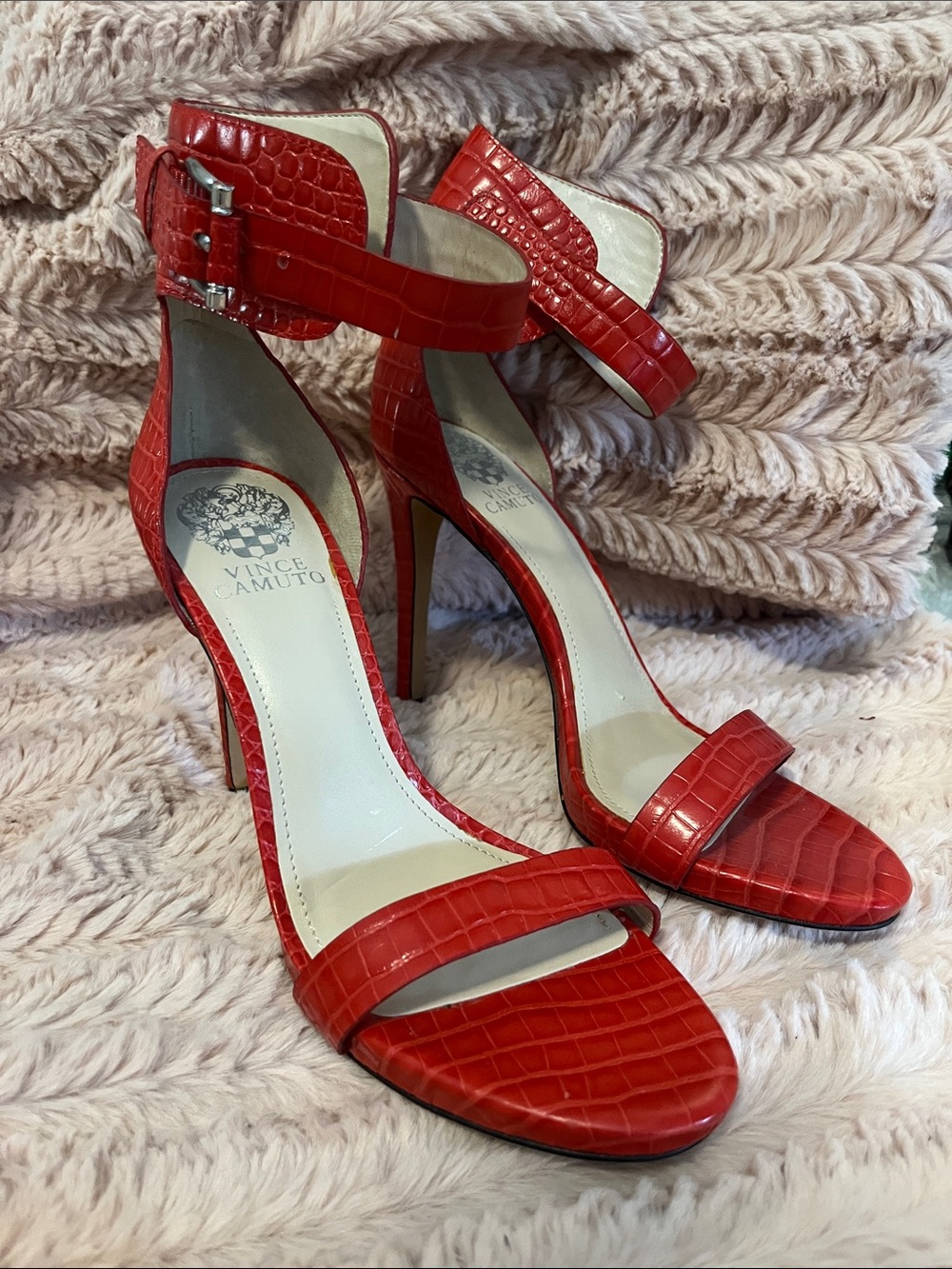 Vince Camuto Red Croc-Embossed Ankle Strap Stiletto Heels